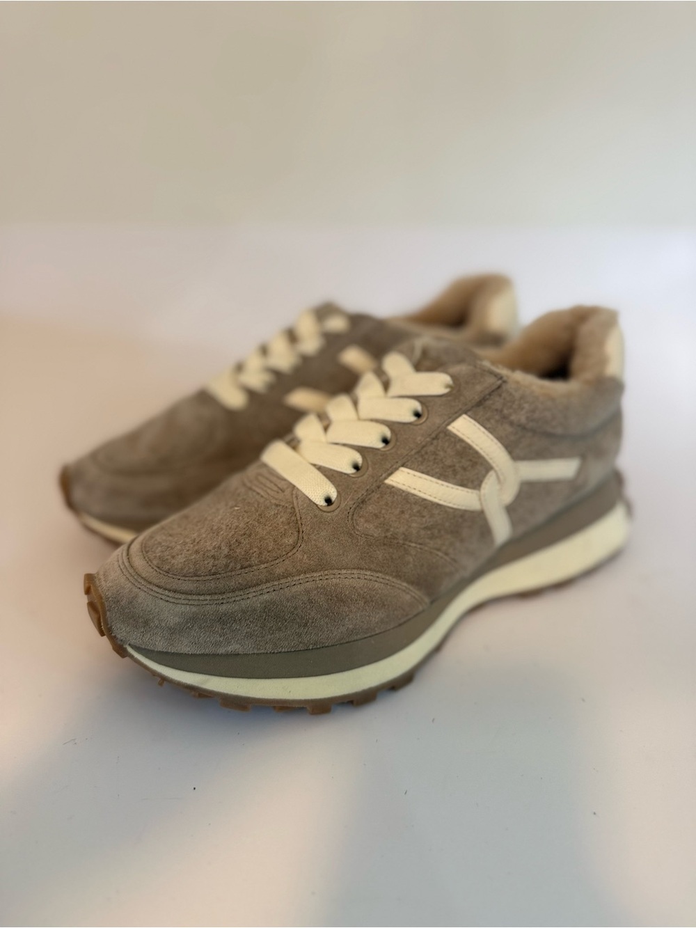 Veronica Beard Taupe Suede Sneakers with Cream Accents